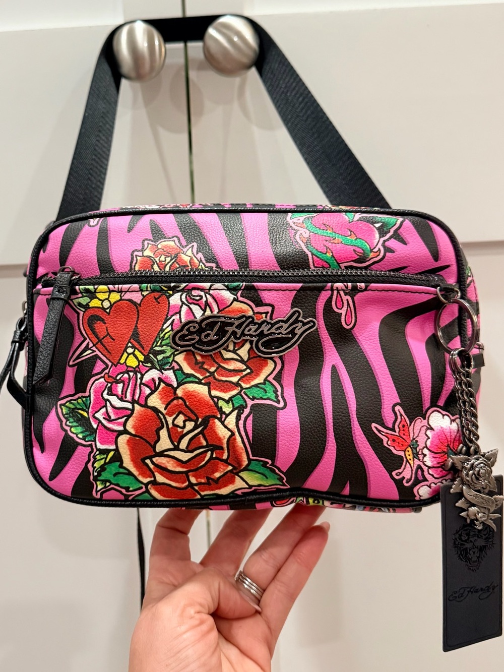 Ed Hardy Pink Zebra Floral Crossbody Sling Bag Tattoo Y2K Print  NWT
